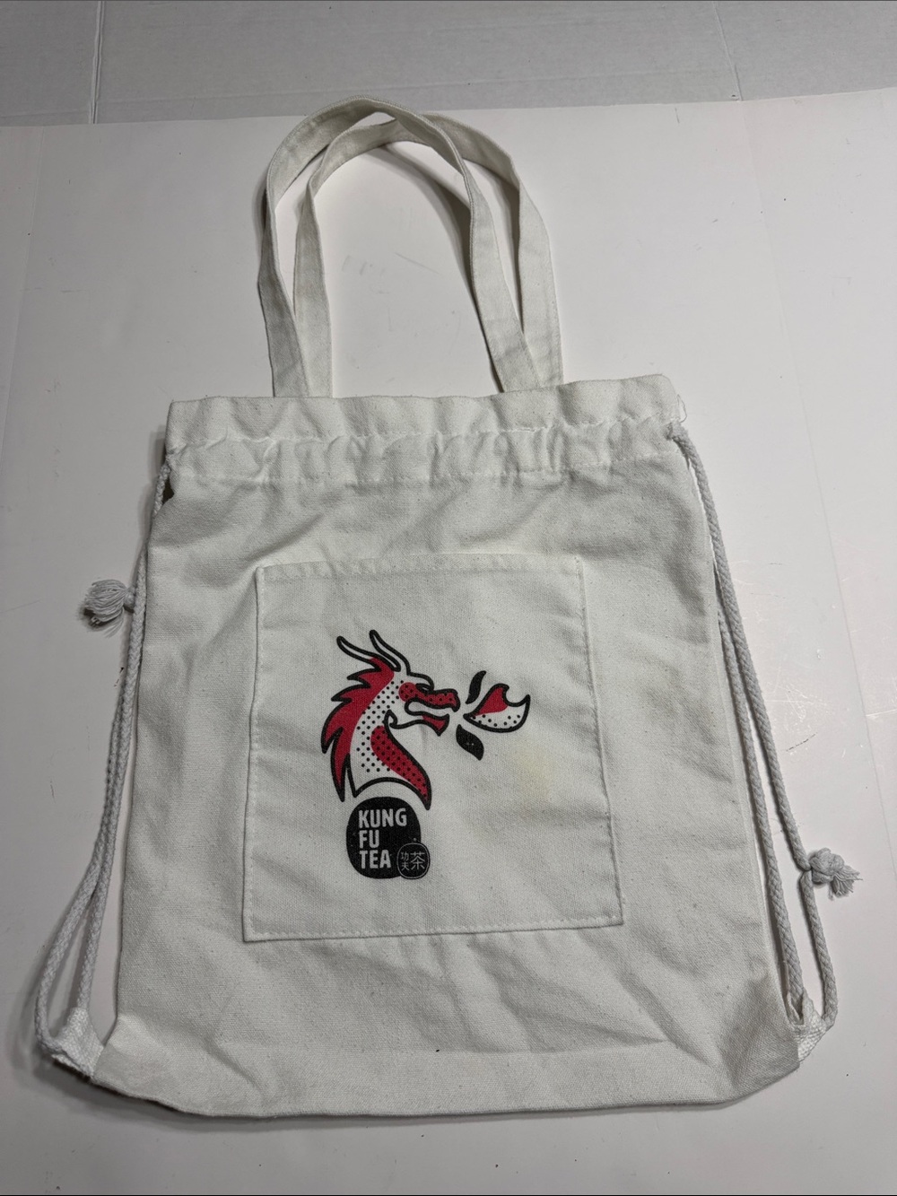 White Canvas Tote with Red Dragon Graphic ‘Kung Fu Tea’
